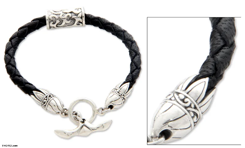 bridal bangles for women -Tribal Scroll Sterling Silver Leather Bracelet