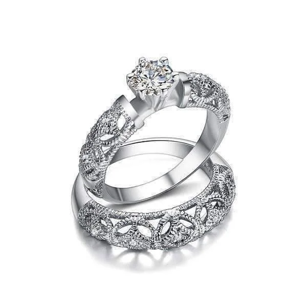 women’s double-strand necklaces -Art Deco Inspired Milgrain Filigree Band and CZ Solitaire Engagement Wedding Ring Set