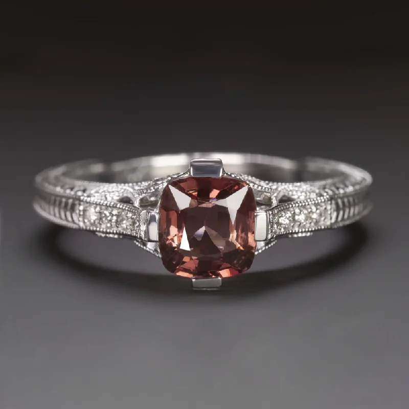 women’s handmade rings -PEACH SPINEL DIAMOND VINTAGE STYLE RING CUSHION SHAPE RED ORANGE 14k WHITE GOLD