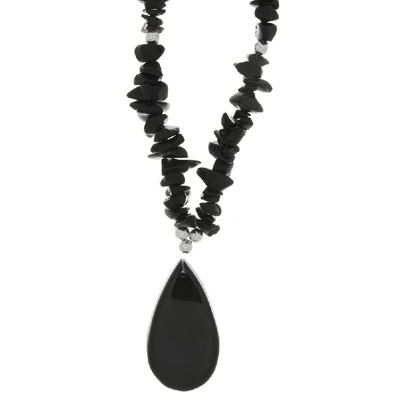 women’s heart pendant necklaces -BEADED GEMSTONE BLACK STONE CHIP W/ TEARDROP NECKLACE