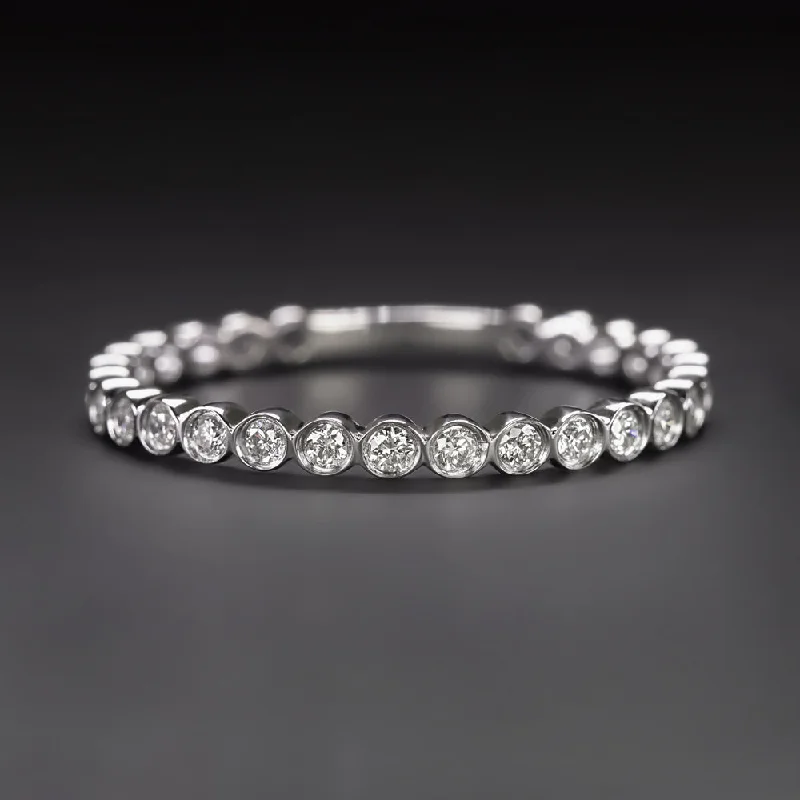 women’s rings -NATURAL DIAMOND WEDDING RING WHITE GOLD STACKING RING DAINTY BEZEL ROUND THIN