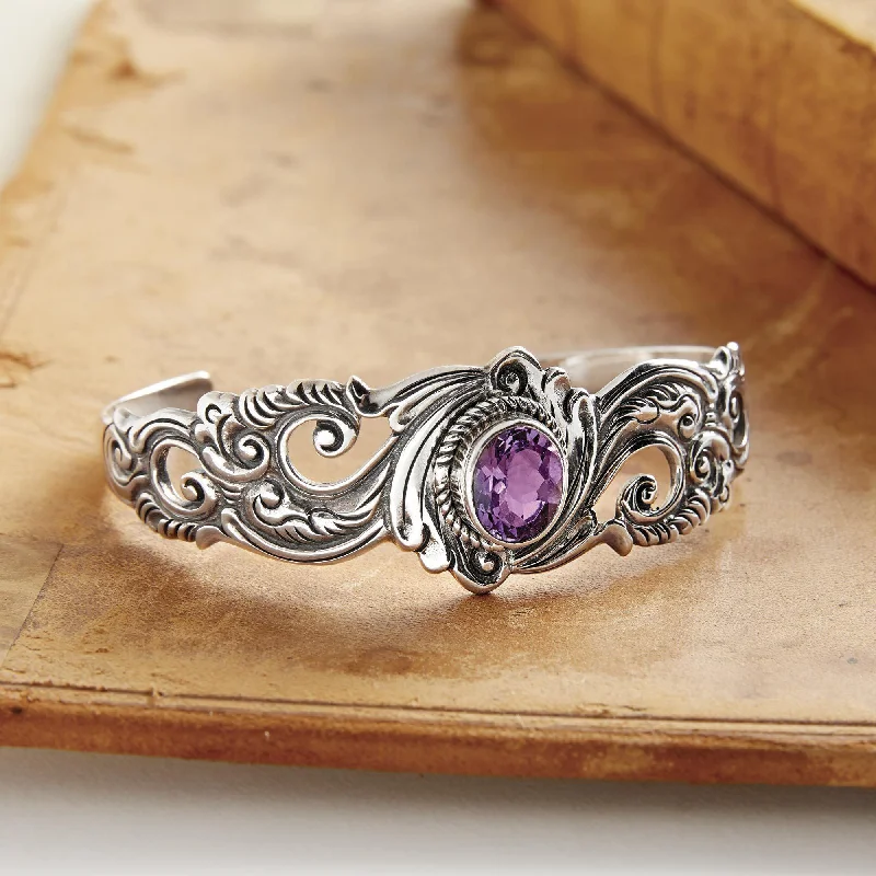 custom bangles for women -Amethyst & Silver Floral Paisley Cuff Bracelet