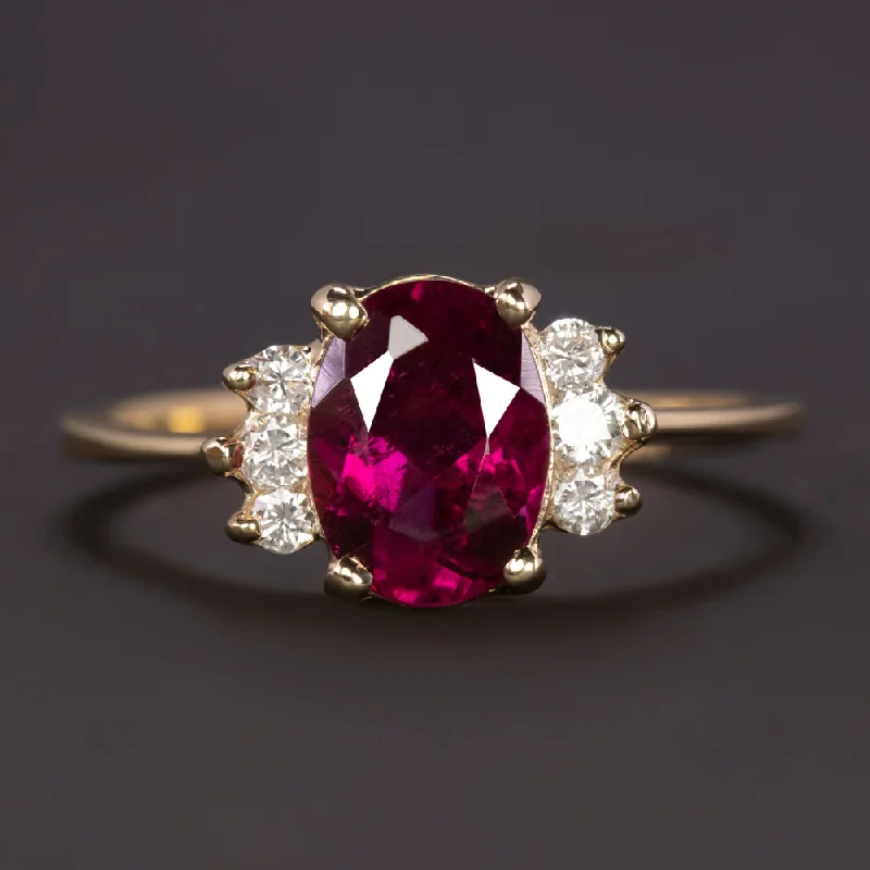 women’s luxurious diamond wedding rings -PINK SAPPHIRE DIAMOND COCKTAIL RING 14k YELLOW GOLD NATURAL OVAL SHAPE CLUSTER