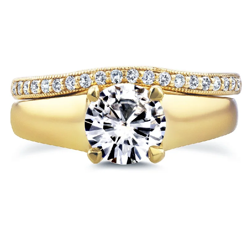 women’s custom sapphire engagement rings -Annello by Kobelli 14k Yellow Gold Round Cut Moissanite Solitaire and 1/6ct TDW Diamond Band Bridal