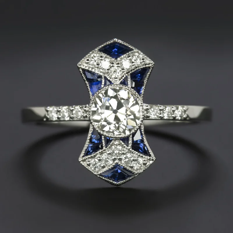 women’s modern rings -OLD EUROPEAN CUT DIAMOND SAPPHIRE COCKTAIL RING VINTAGE STYLE 14k WHITE GOLD