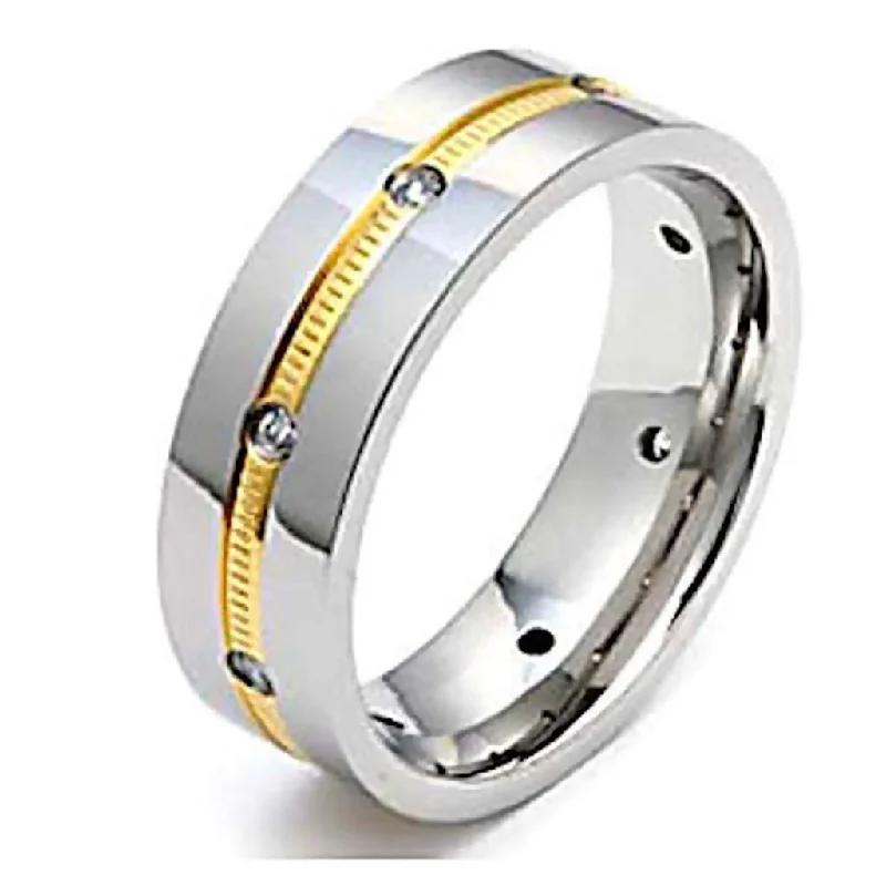 women’s eternity engagement rings -Paxton: Mens Titanium & Gold Milgrain Simulated Diamond Band Ring