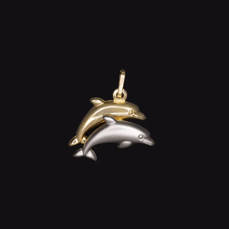 women’s stackable rings -14k DOLPHIN CHARM PENDANT SOLID TWO TONE GOLD YELLOW WHITE CUTE NECKLACE GIFT