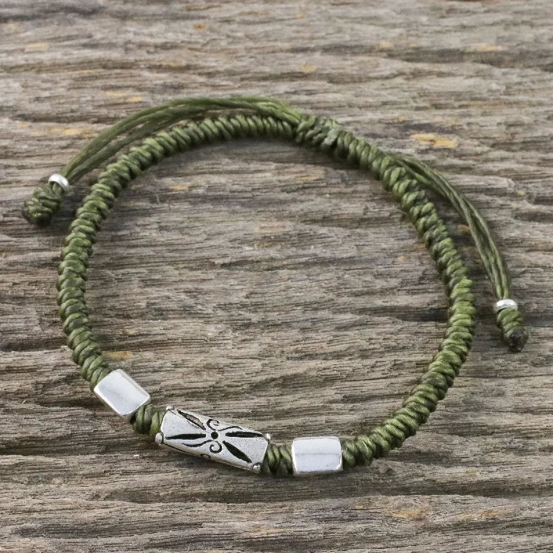 statement bangles for women -Karen Triangle in Olive Hand Braided Olive Cord Bracelet with Silver Pendants