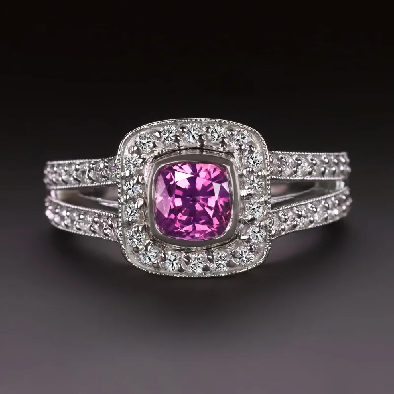 women’s gemstone rings -PINK SAPPHIRE DIAMOND COCKTAIL RING CUSHION CUT HALO SPLIT SHANK 14k WHITE GOLD