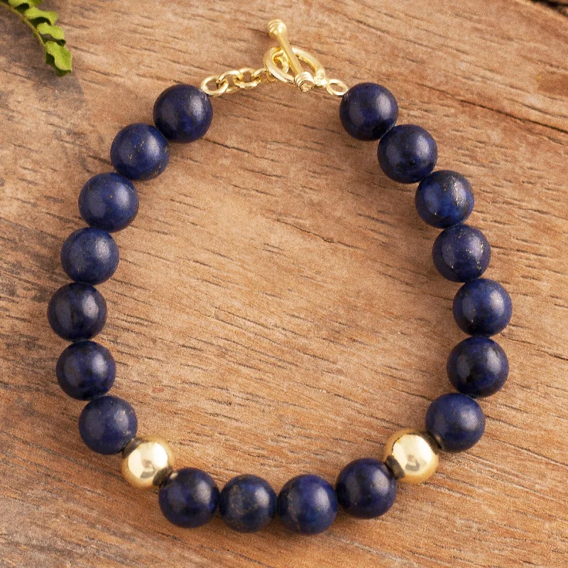 minimalist bangles for women -Golden Sea Gold Accent Lapis Lazuli Beaded Bracelet from Peru