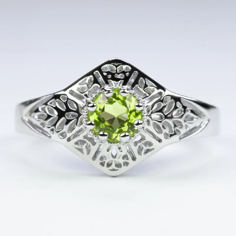 women’s gold promise rings -PERIDOT STERLING SILVER RING VINTAGE STYLE FILIGREE GEMSTONE ART DECO ROUND CUT