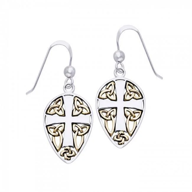 women’s crystal drop earrings -Celtic Knotwork Cross Shield ~ Sterling Silver Hook Earrings Jewelry with 14k Gold Accent MER471