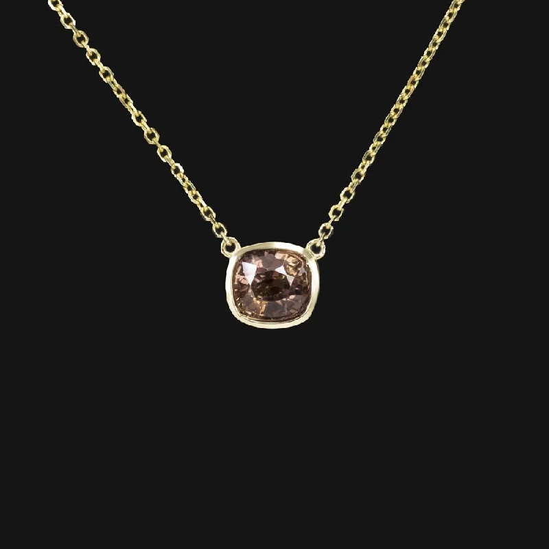 women’s gold promise rings -ORANGE PINK SAPPHIRE PENDANT NECKLACE CUSHION BEZEL SET 14k YELLOW GOLD NATURAL