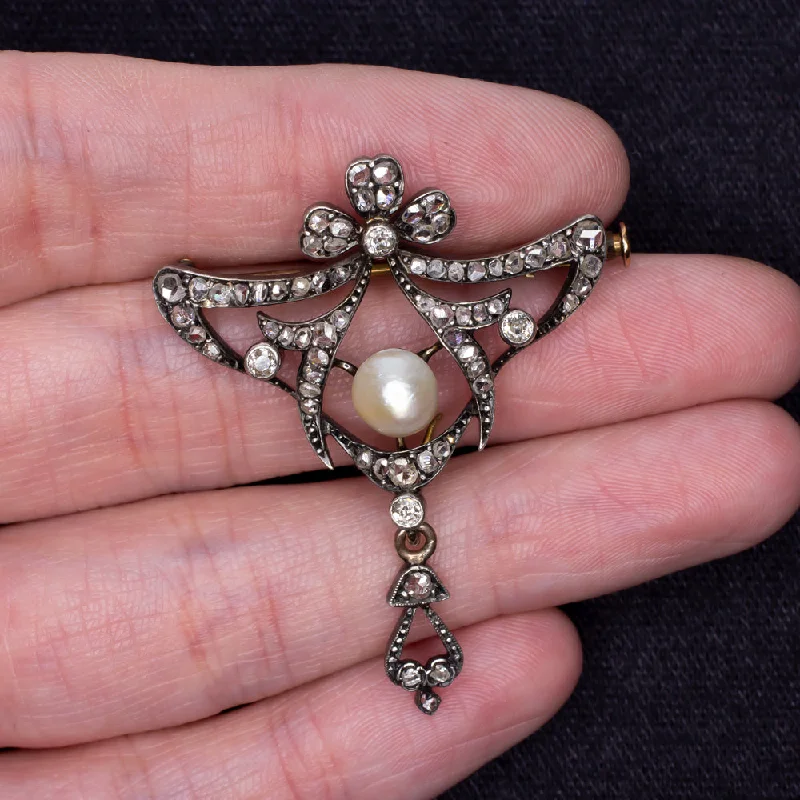 women’s stacked gemstone rings -VICTORIAN SALTWATER PEARL DIAMOND PIN PENDANT ANTIQUE NECKLACE OLD CUT 1800s