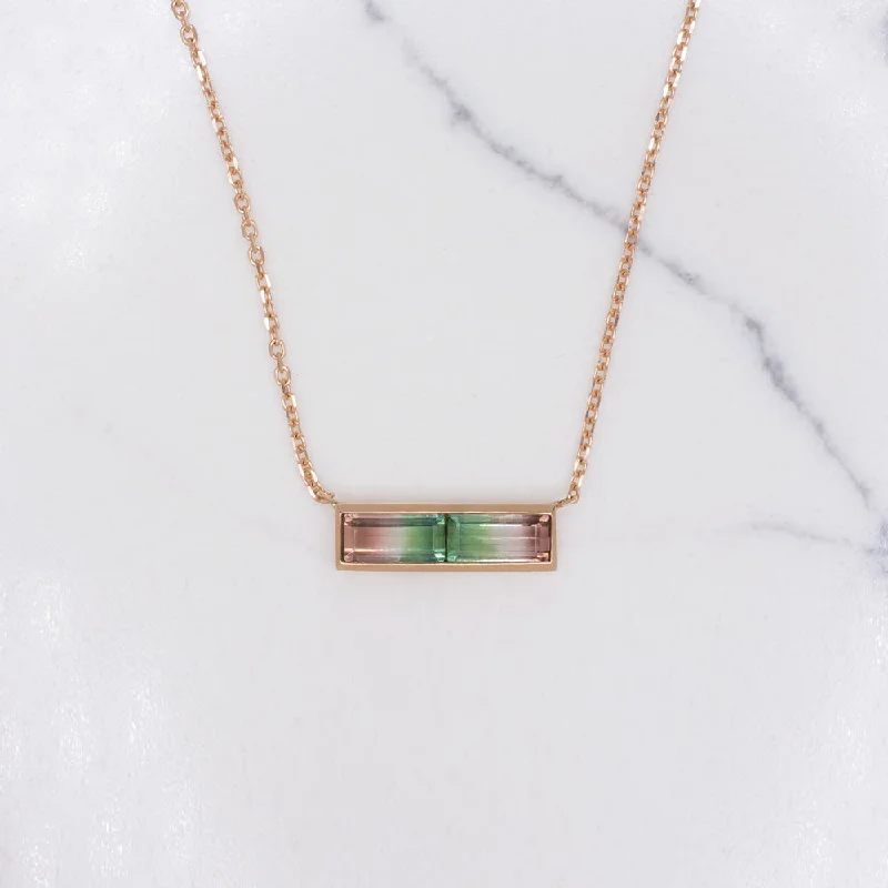 women’s multi-stone rings -NATURAL WATERMELON TOURMALINE BAR NECKLACE ROSE GOLD PENDANT EAST WEST DAINTY