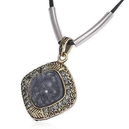 women’s crystal necklaces -Black Labradorite Cabochon Gemstone & CZ Pendant Leather Necklace