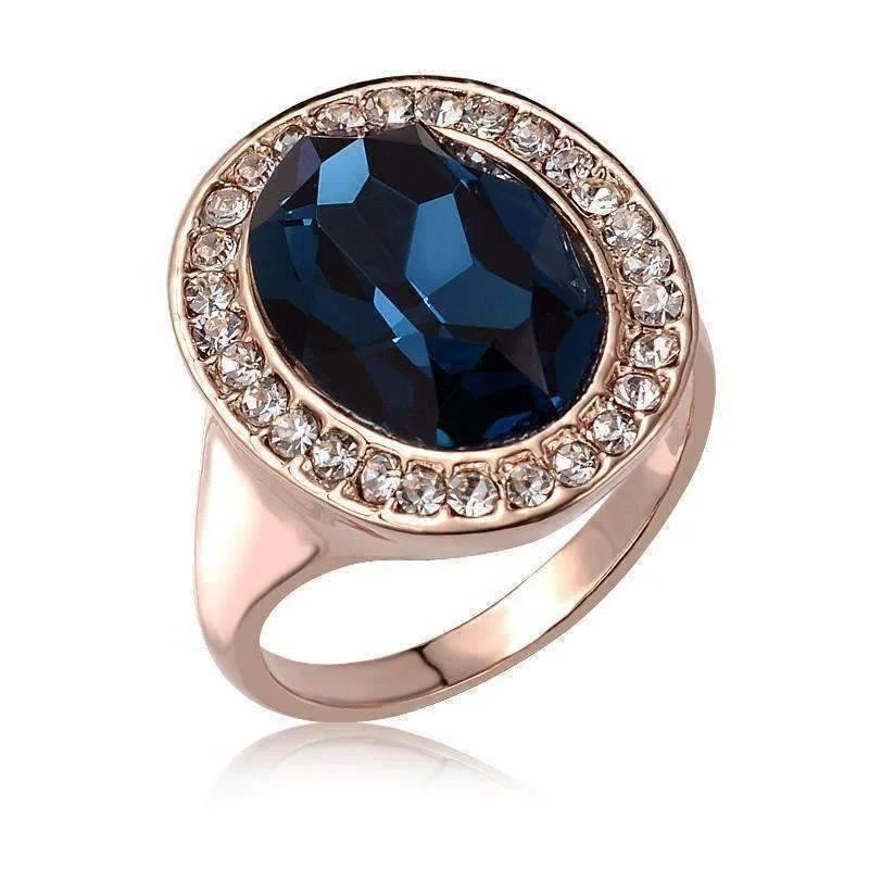 women’s unique necklaces -Rhapsody in Blue Classic Oval Sapphire Blue and Diamond Austrian Crystal Halo Cocktail Ring