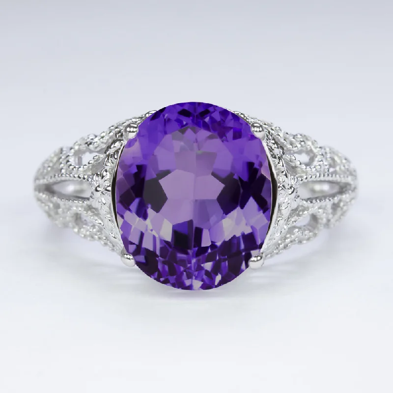 women’s luxury wedding rings -AMETHYST VINTAGE STYLE COCKTAIL RING STERLING SILVER FILIGREE ART DECO OVAL CUT