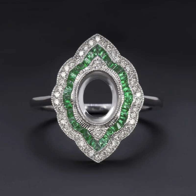 women’s stackable rings -EMERALD DIAMOND OVAL VINTAGE STYLE RING SETTING NAVETTE DOUBLE HALO CALIBRE