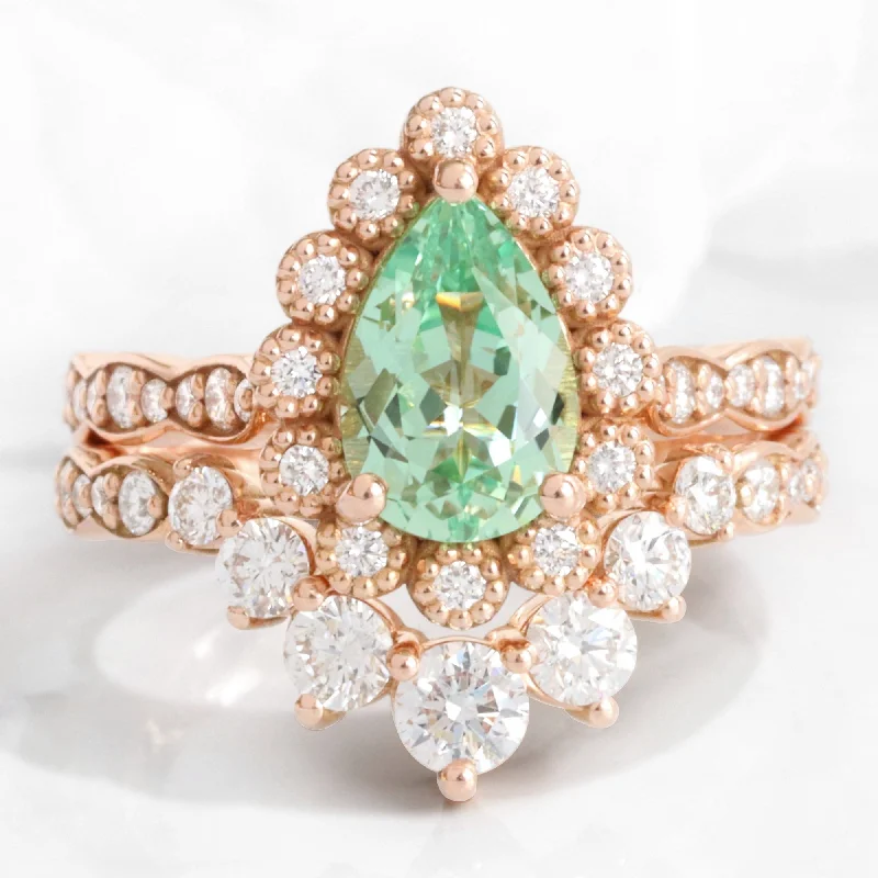 women’s trendy engagement rings -Pear Green Sapphire Ring Bridal Set w/ Large 7 Diamond Band in Vintage Luna Halo