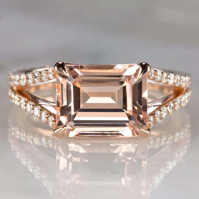 women’s silver engagement rings -2.7 EMERALD CUT MORGANITE .60ct DIAMOND COCKTAIL RING EAST WEST PINK ROSE GOLD