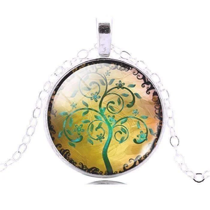 women’s rose gold pendants -Glass Cabochon Medallion Necklace - Green Tree