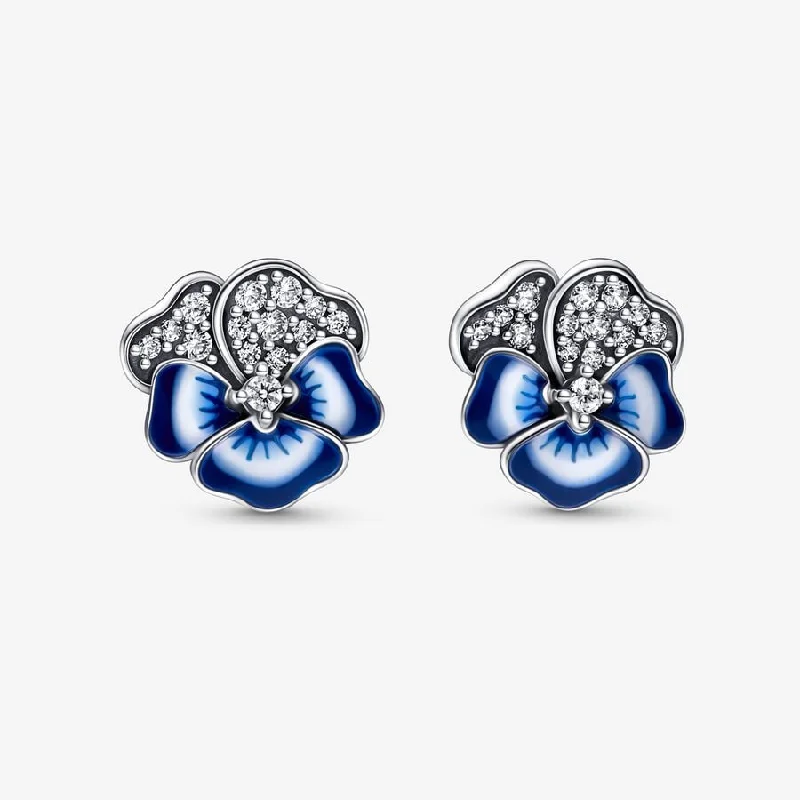 women’s sparkly earrings -Blue Pansy Flower Stud Earrings