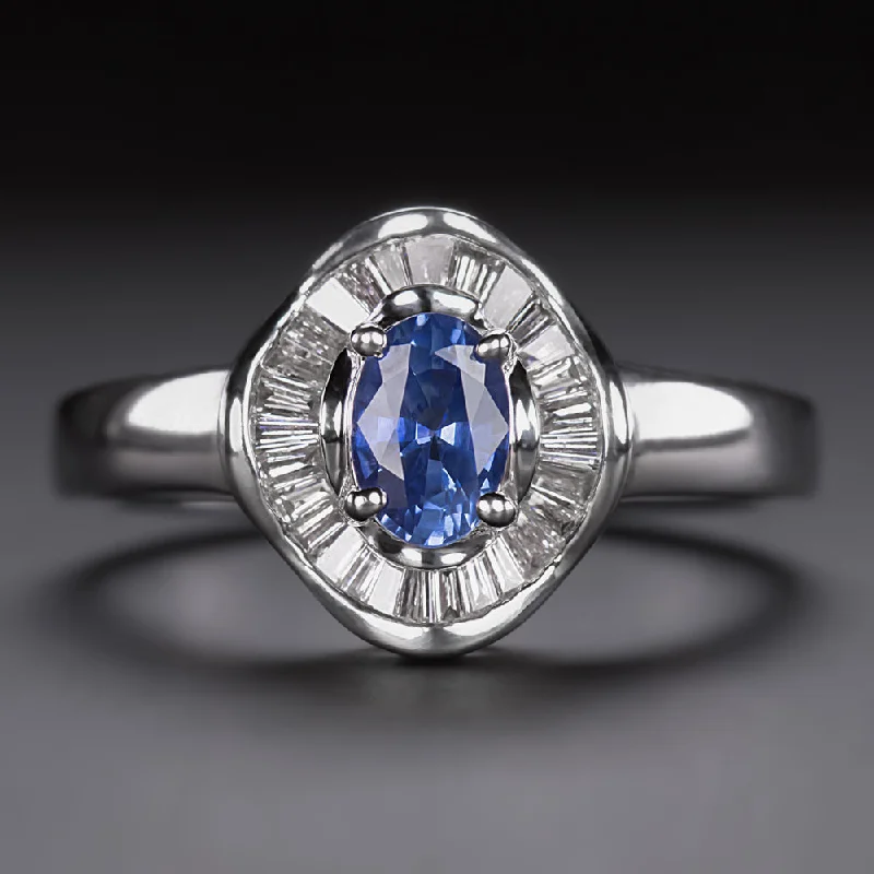 women’s sapphire rings -SAPPHIRE DIAMOND COCKTAIL RING OVAL SHAPE BAGUETTE HALO NATURAL CORNFLOWER BLUE