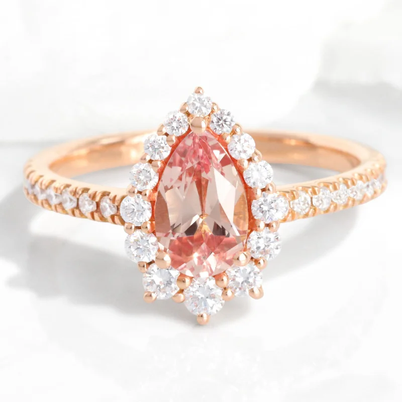 women’s oval diamond engagement rings -Pear Peach Sapphire Ring in 14k Rose Gold Tiara Halo Diamond Band Size 6.25