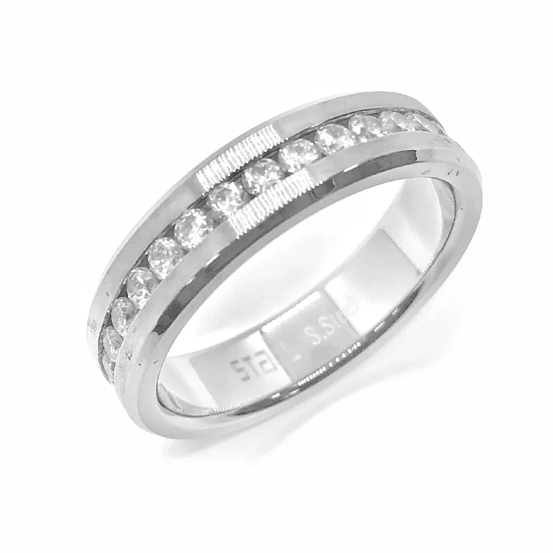 women’s dainty necklaces -Satin Edged Men's Stainless Steel CZ Eternity Band