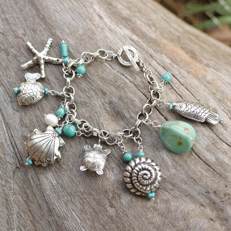 wedding bangles for women -Open Sea Turquoise & Pearl Charm Bracelet