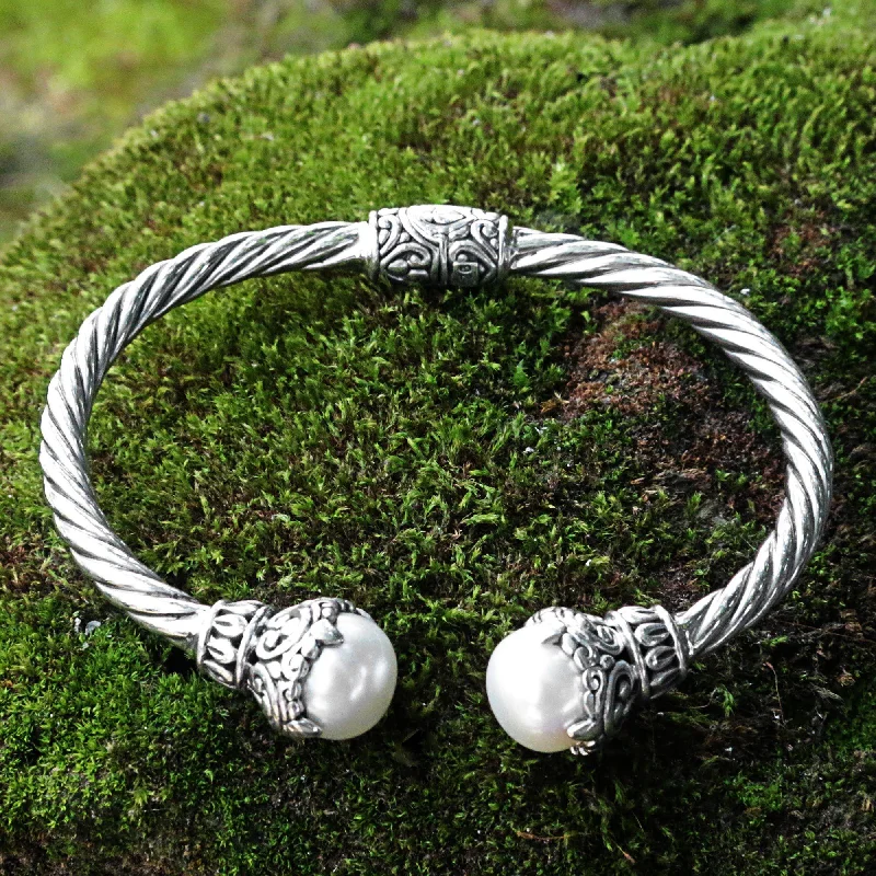 luxury bracelets for women -Sterling Silver Rope & Pearl Cuff Bracelet