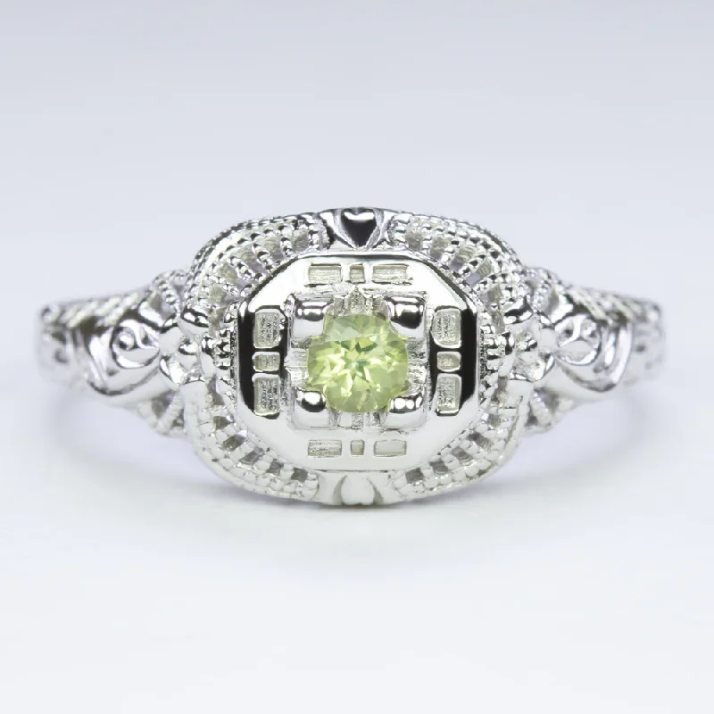 women’s contemporary rings -PERIDOT STERLING SILVER VINTAGE STYLE COCKTAIL RING FILIGREE DAINTY ROUND GREEN