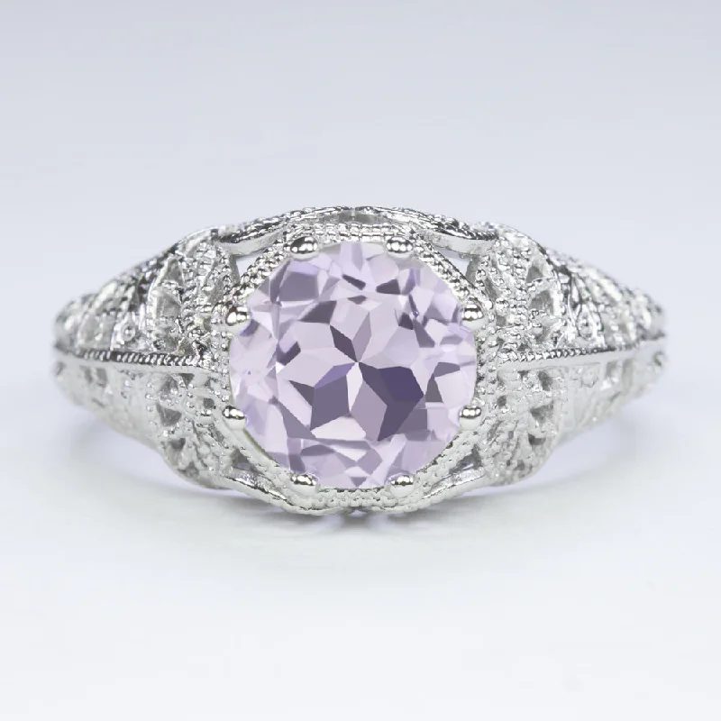 women’s cocktail rings -PINK AMETHYST VINTAGE STYLE SOLITAIRE RING STERLING SILVER FILIGREE ART DECO