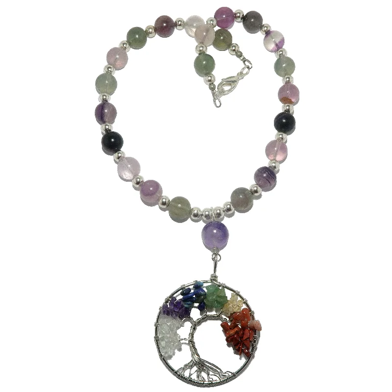 women’s adjustable necklaces -Fluorite Necklace Tree of Life Rainbow Chakra Stones