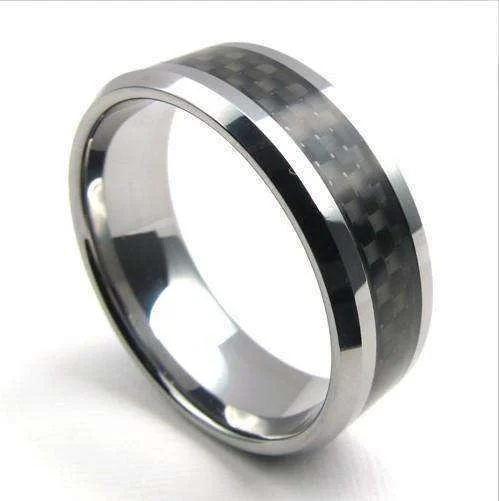 women’s multi-stone necklaces -Men's Geometric Carbon Fiber Inlay Polished Tungsten Carbide Ring