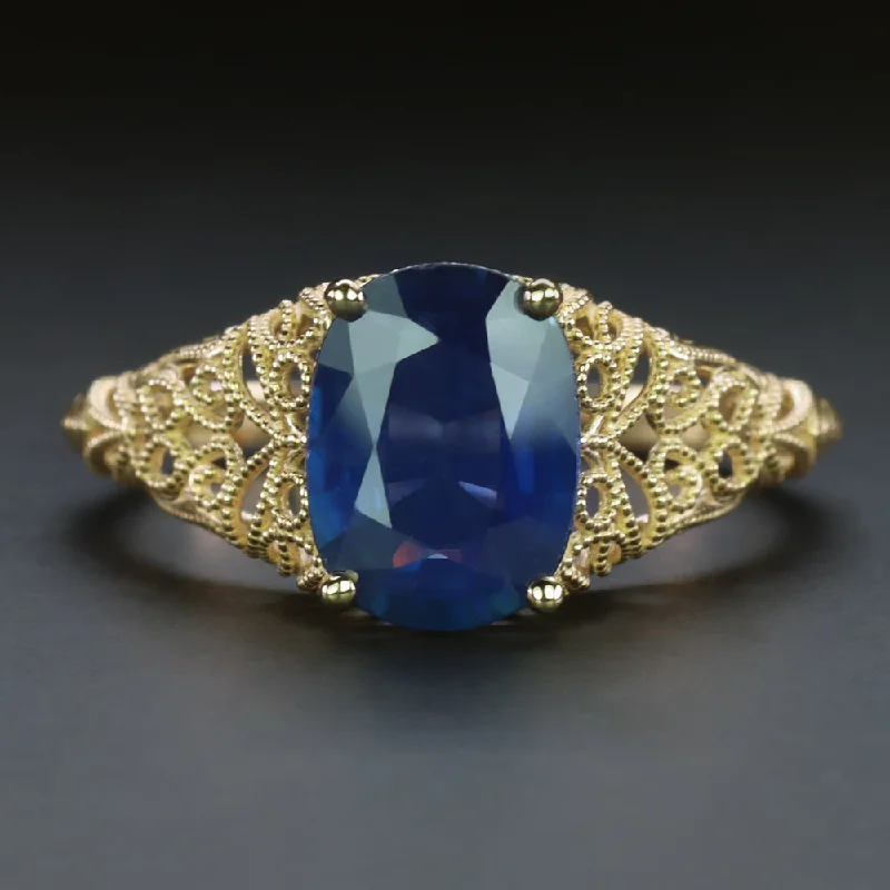 women’s black diamond rings -VINTAGE STYLE 1.90ct SAPPHIRE SOLITAIRE RING 14k YELLOW GOLD FILIGREE ENGAGEMENT