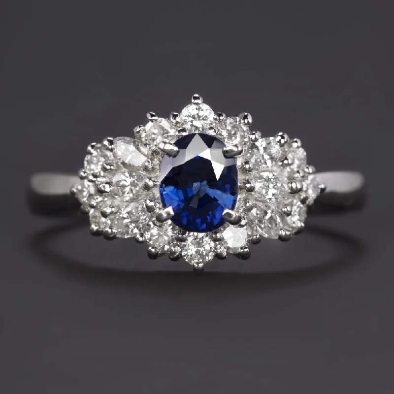 classic engagement rings for women -1.23ct SAPPHIRE DIAMOND COCKTAIL RING PLATINUM HALO CLUSTER OVAL MARQUISE SHAPE