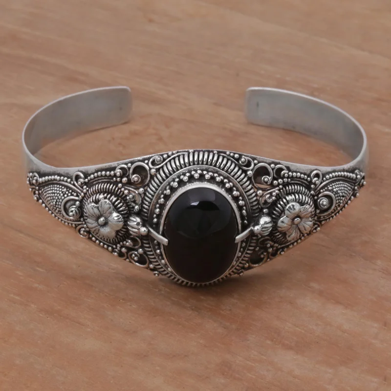 chunky bangles for women -Balinese Magic In Black Onyx & Silver Floral Bracelet