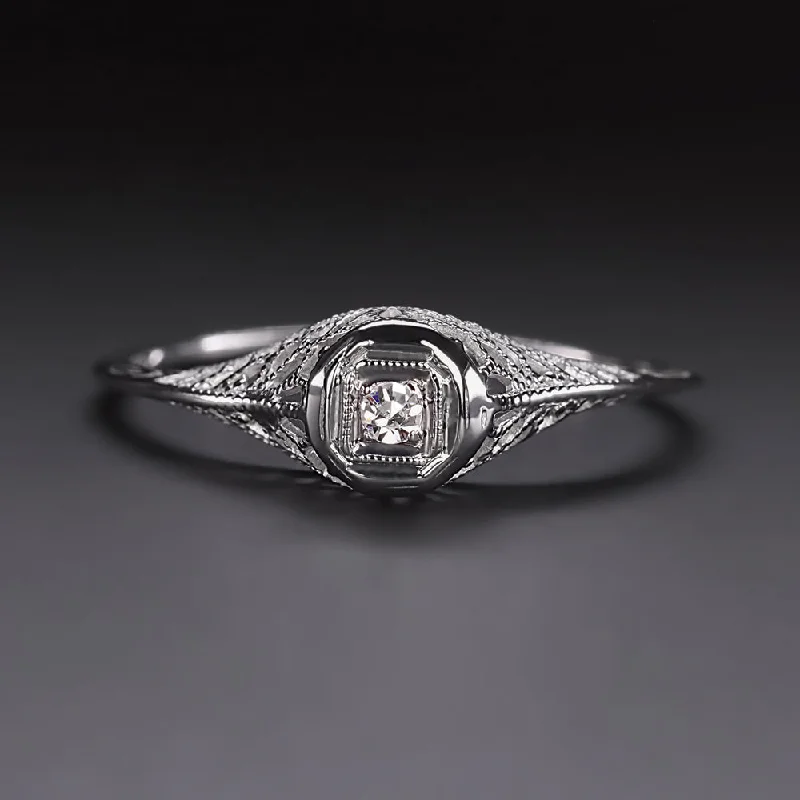 women’s classic gold rings -ART DECO DIAMOND SOLITAIRE RING 18K WHITE GOLD FILIGREE VINTAGE PROMISE RING