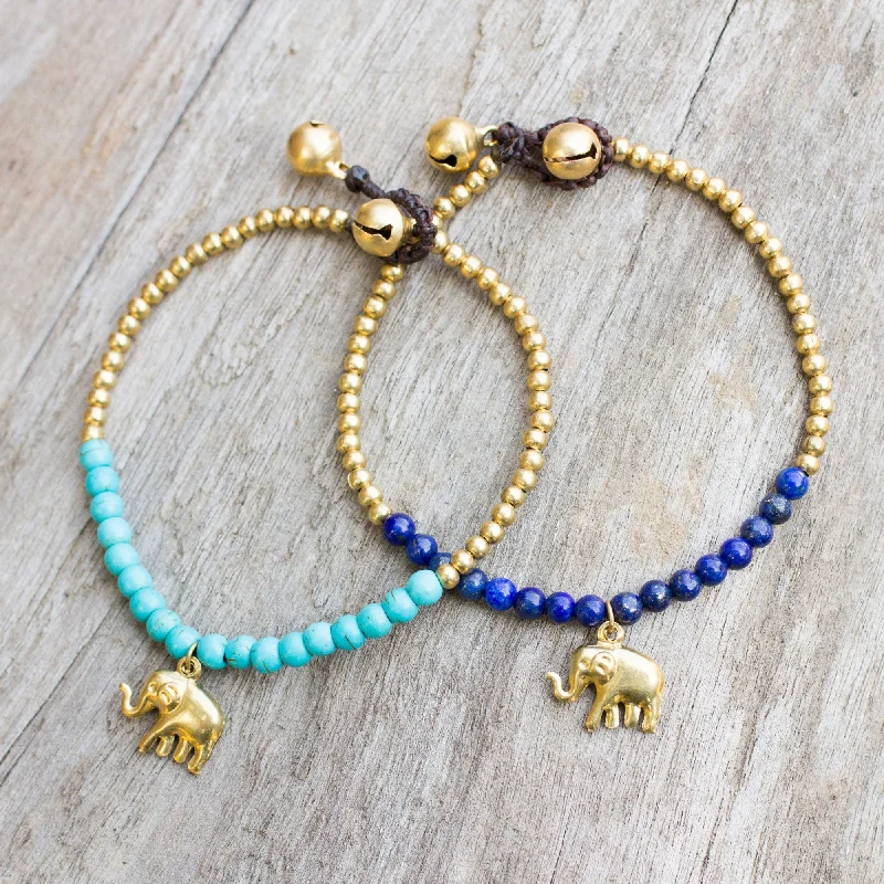 gold bangles with diamonds for women -Stylish Elephants Blue Calcite Brass Beaded Bracelet