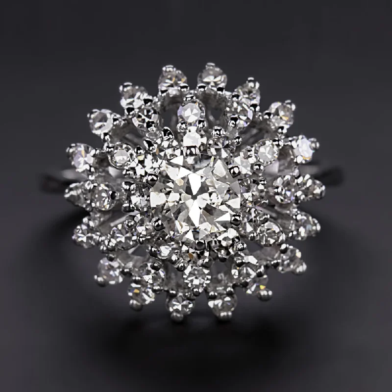 women’s diamond cocktail rings -1.5ct VINTAGE DIAMOND CLUSTER RING BIG STATEMENT OLD EUROPEAN CUT 18k WHITE GOLD