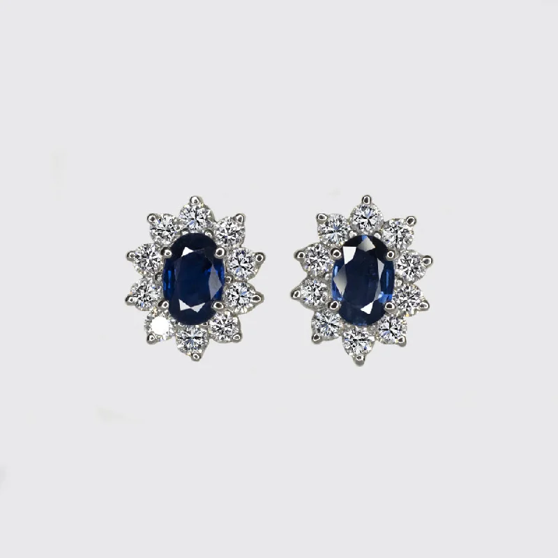 women’s luxurious diamond wedding rings -SAPPHIRE DIAMOND STUD EARRINGS 18k WHITE GOLD OVAL SHAPE HALO NATURAL CLASSIC