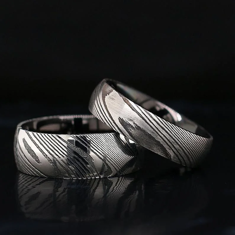 women’s diamond wedding rings -His and Her Damascus Steel Wedding Rings Set Mokume Gane Wedding Band Set