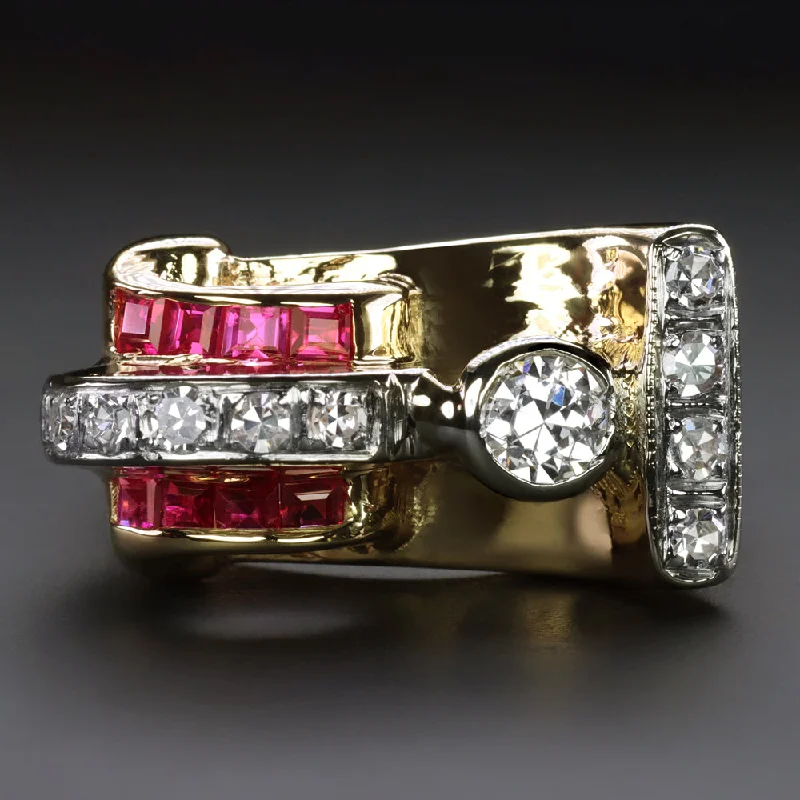 silver eternity bands for women -VINTAGE DIAMOND RUBY COCKTAIL RING ART DECO 14k GOLD OLD EUROPEAN CUT CHUNKY