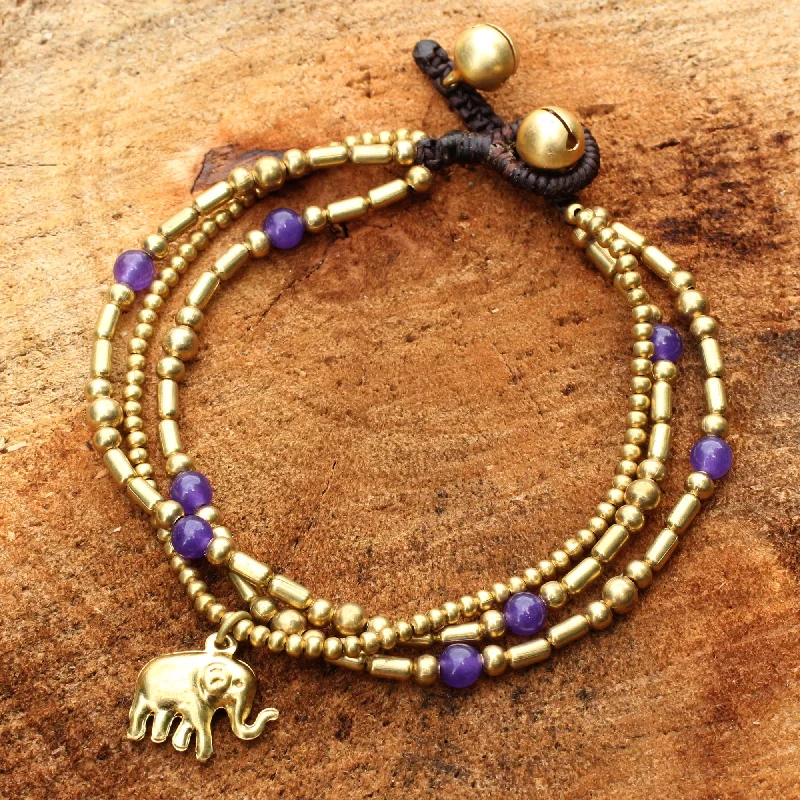 women’s silver bangles -Purple Elephant Charm Brass Bracelet Purple-color Gems Beaded Jewelry