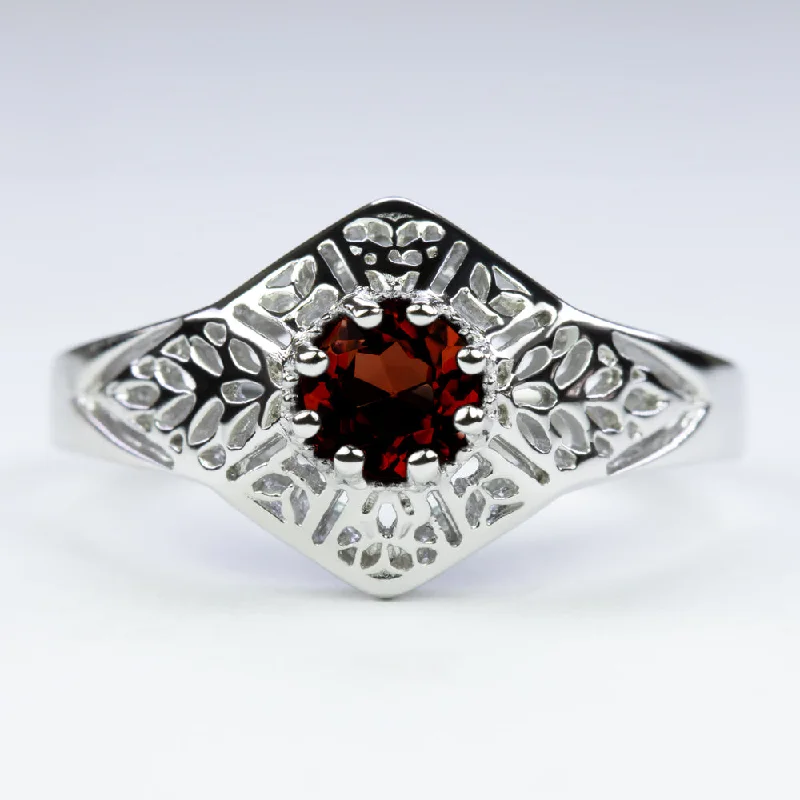 women’s antique rings -GARNET STERLING SILVER RING VINTAGE STYLE FILIGREE GEMSTONE ART DECO ROUND RED