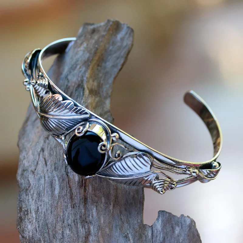 elegant bangles for women -Black Lily Floral Onyx Sterling Silver Cuff Bracelet