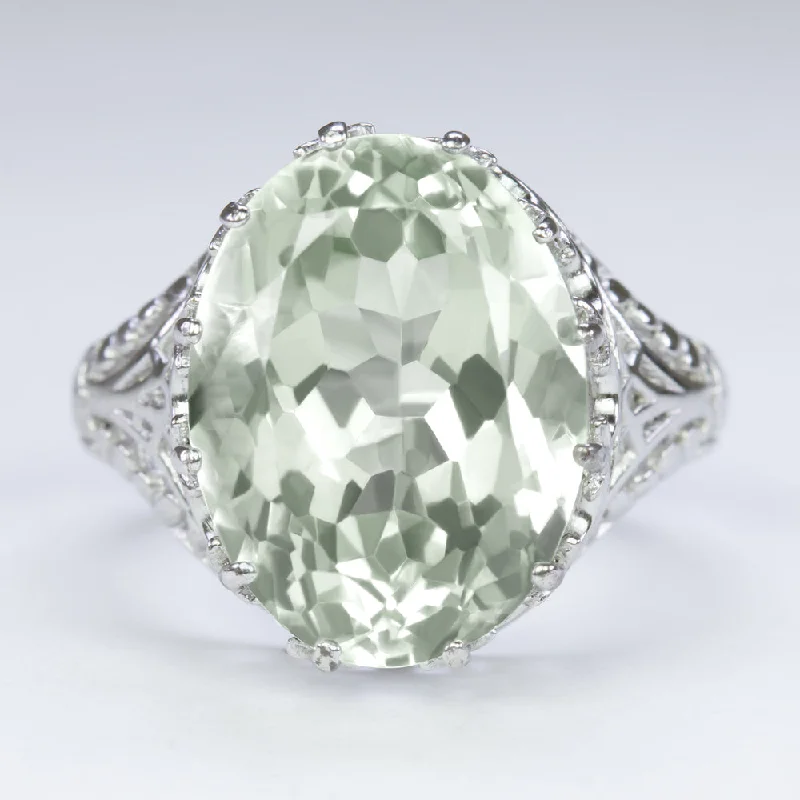 women’s gemstone rings -GREEN AMETHYST STERLING SILVER VINTAGE STYLE RING FILIGREE OVAL CUT SOLITAIRE