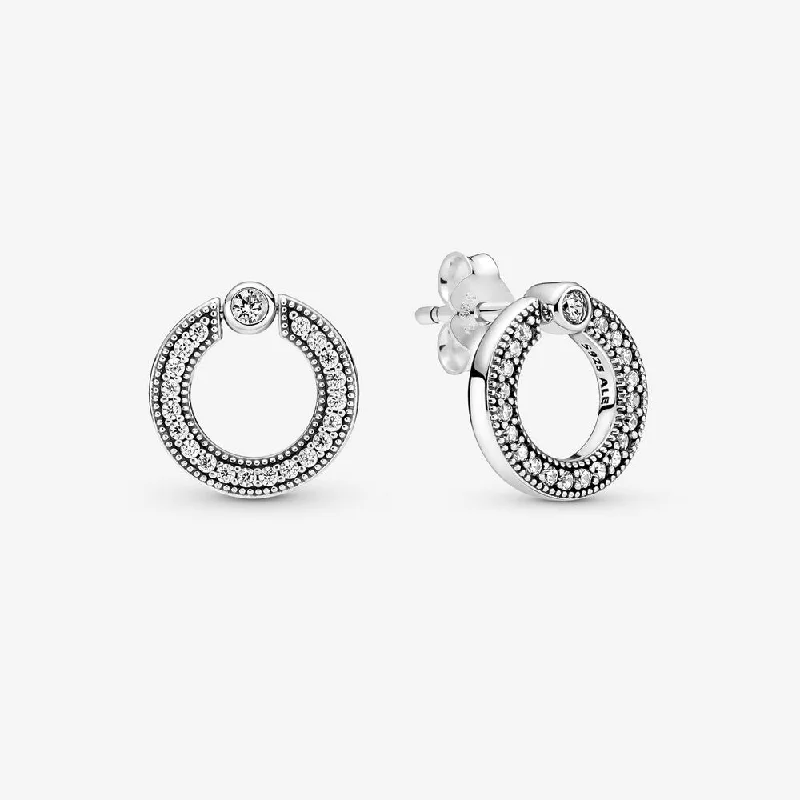 women’s art deco stud earrings -Pavé & Logo Circle Reversible Stud Earrings, Clear CZ